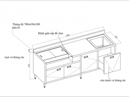 QUẦY PHA CHẾ INOX KHÔNG KỆ - CHO TIỆM CÀ PHÊ