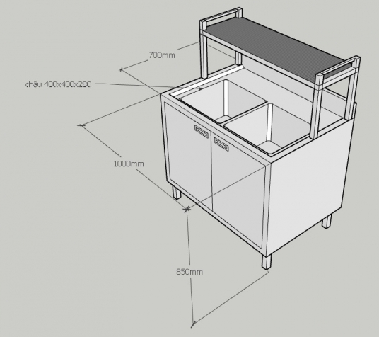 QUẦY INOX 2 CHẬU RỬA, 1 KỆ TRÊN BÀN